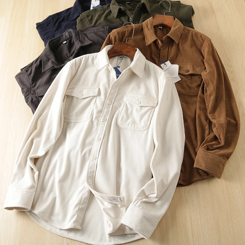 

Thi Corduroy Long Sve Мужская одежда irt Jaet Осень Зима Повседневная однотонная рабочая одежда Винтаж Sle Stand Fit Faionable