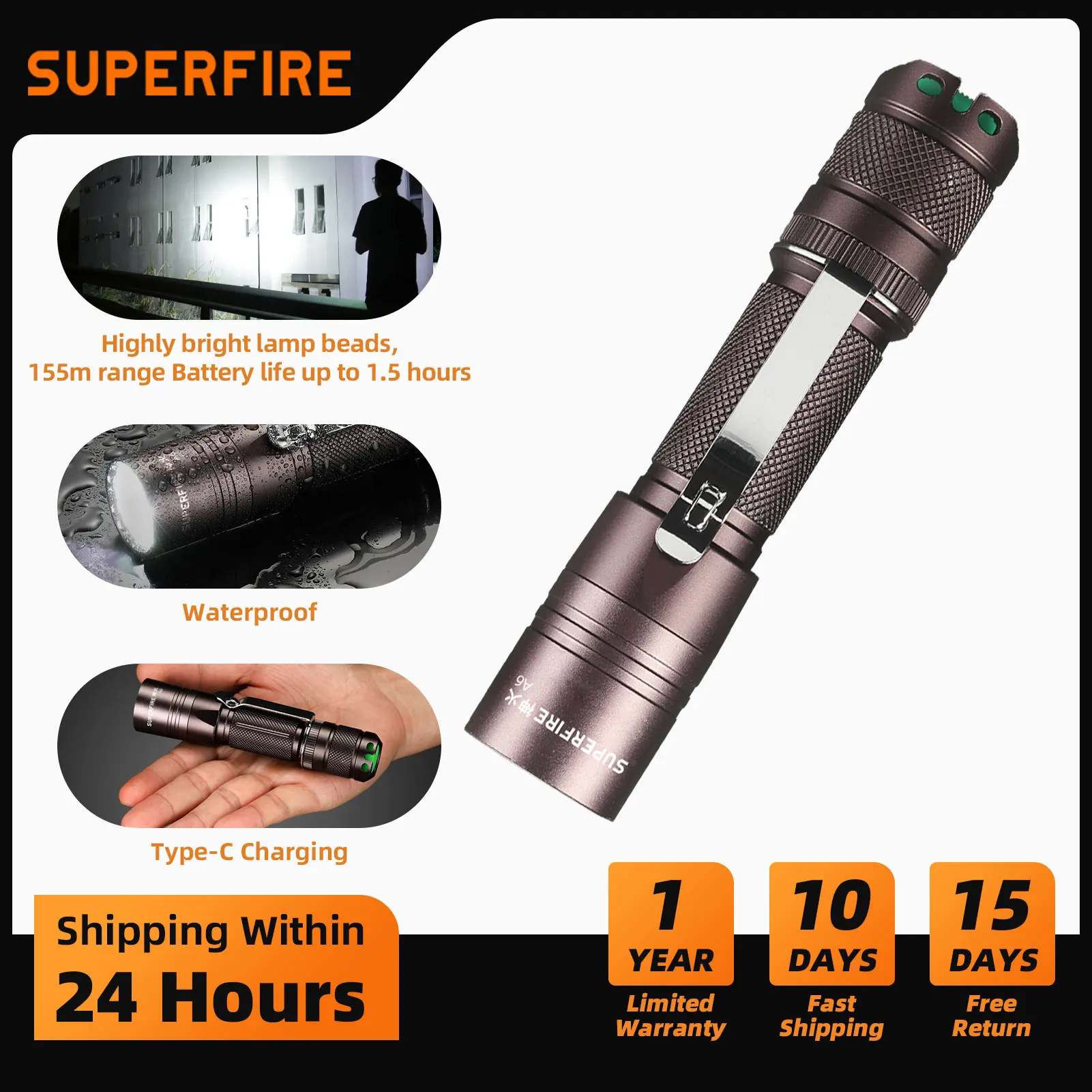 superfire-a6-18650-懐中電灯-usb-c-10-ワット-led-トーチライト強力な懐中電灯ポータブルキャンプハイキング遠征用