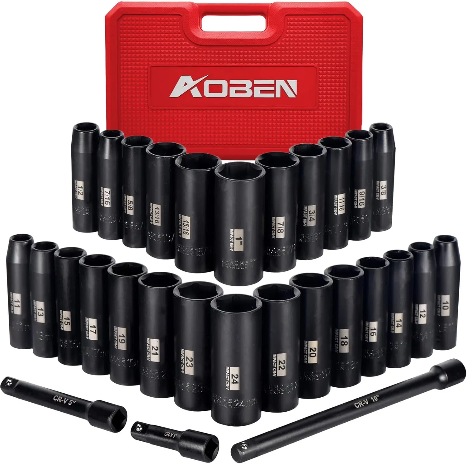 

29-Piece 1/2-Inch Drive Impact Socket Set, SAE/Metric Deep Sockets (3/8"-1", 10mm-24mm), Cr-V Steel with Extensions
