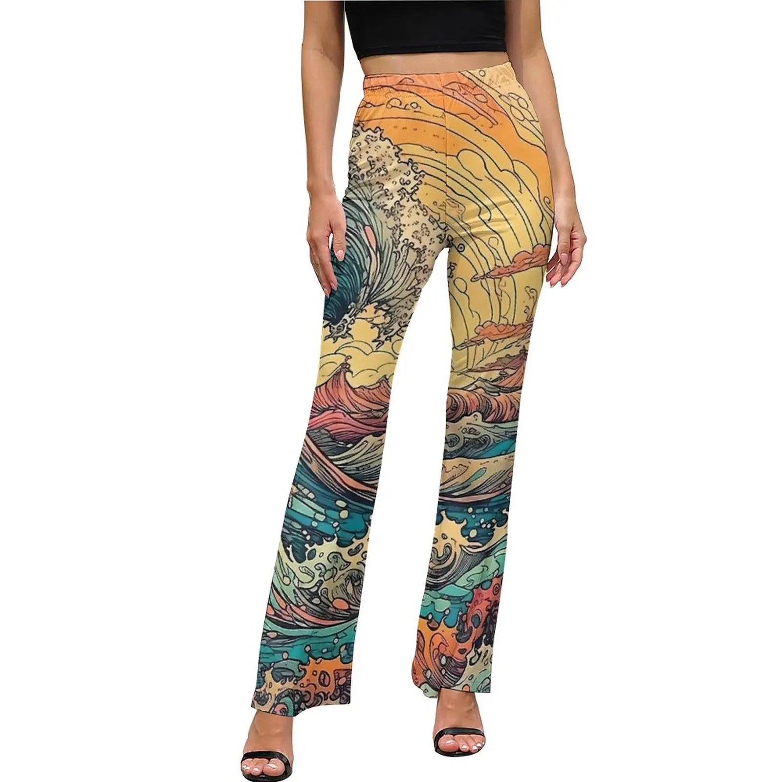 Psychedelic Wave Print Casual Pants Female  Slim Aesthetic Flared Pants Summer Sexy Custom Trousers