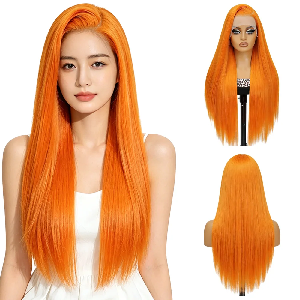 Bright Orange Long Straight 13x4 Lace Front Wig Pre Plucked Glueless Synthetic Heat Resistant Wig Women Daily Party Cosplay