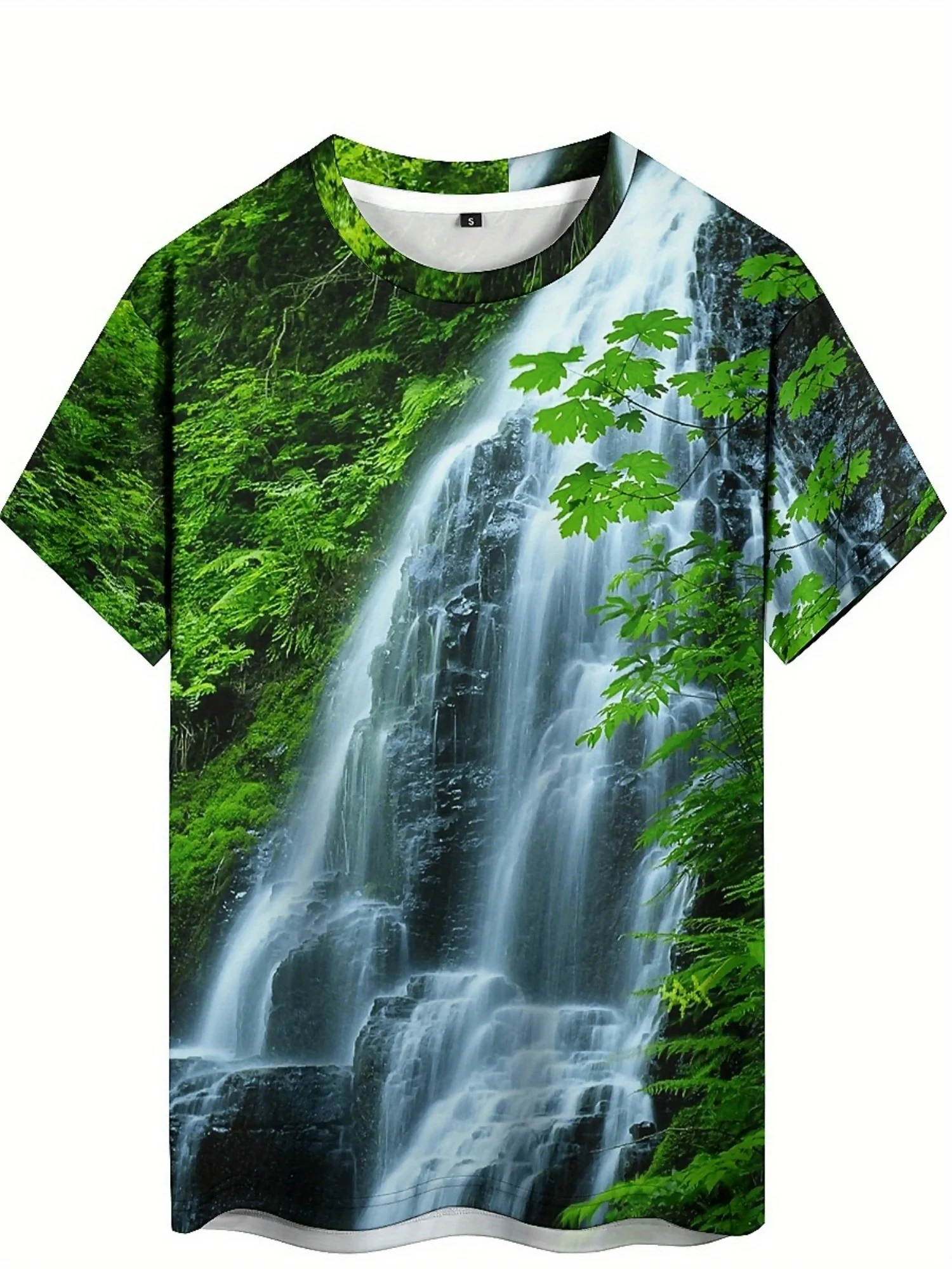 Men's 3D Printed Waterfall & Greenery Graphic T-Shirt - Breathable Short Sleeve Tee for Outdoor Activities