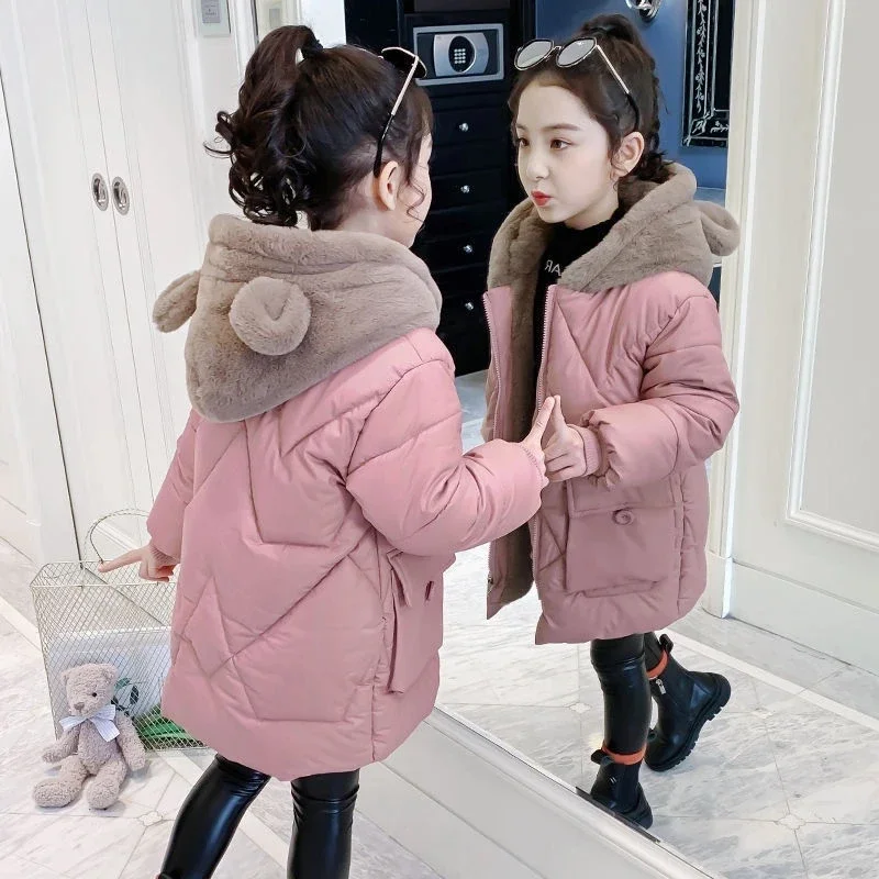 

4-12 Year Girls Coat Plus Velvet Warm Winter Jacket For Girls Fashion Long Parkas Snowsuit Cute Bear Hooded Children's Outerwear