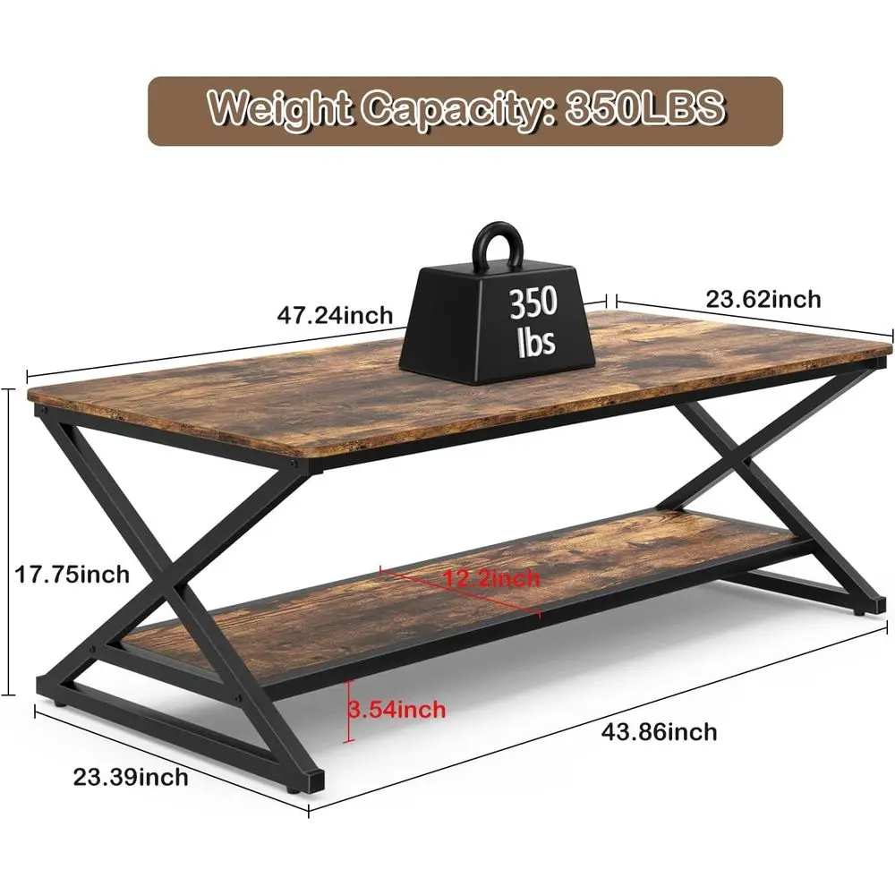 Rechteckiger Couchtisch im Bauernhausstil, 47 braunes Holz mit Metall, 2-stufiger Stauraum, fasst 350 Pfund, einfache Montage
