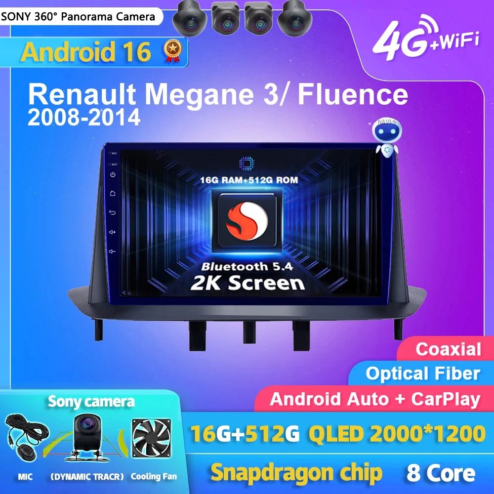 Radio Multimedia para Auto con Android 16 y Carplay para Renault Megane 3 Fluence Samsung SM3 2008 - 2014, Unidad Principal Estéreo 2din