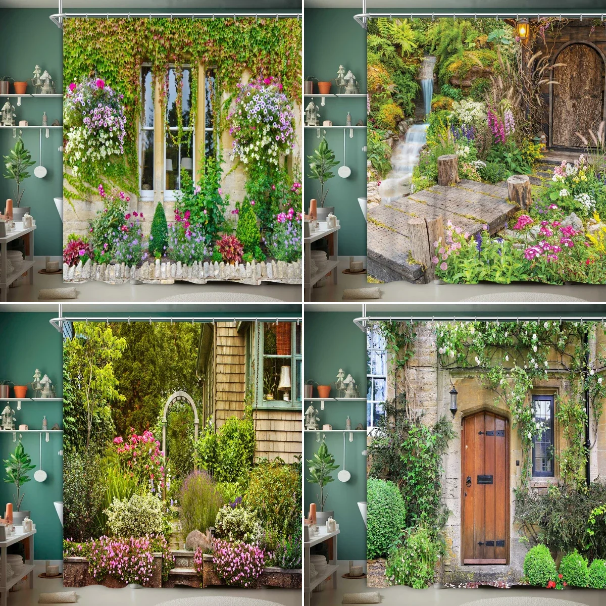 

Garden Scenery Shower Curtain European Flower Plant Streetscape Nature Landscape Outdoor Polyester Fabric Bathroom Decor Curtain