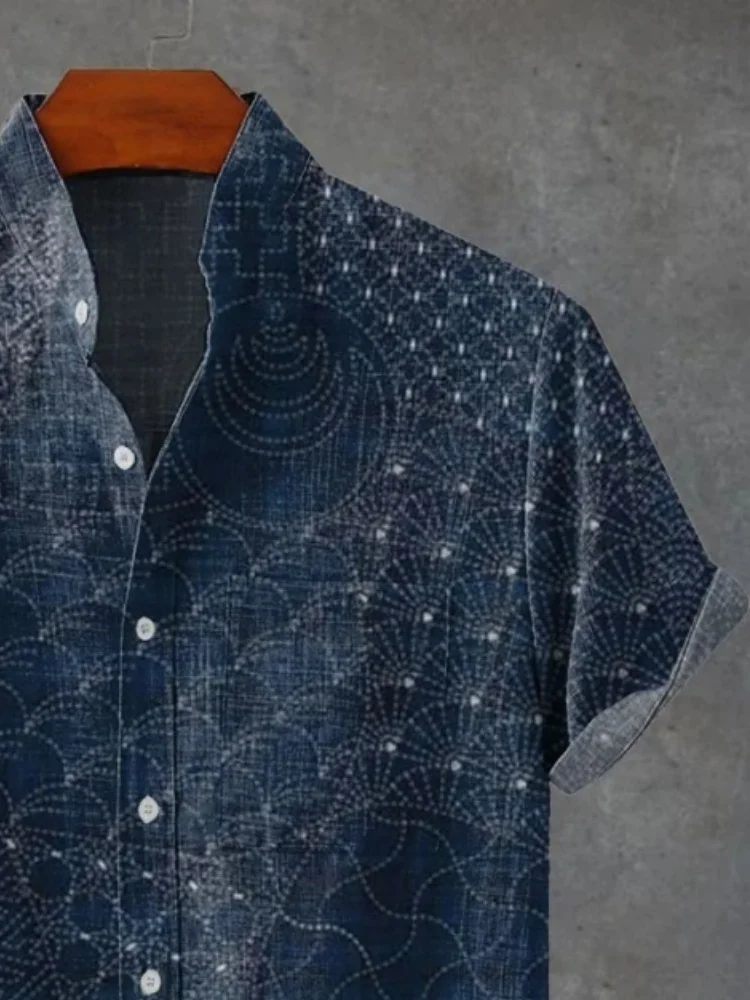 สํานักงานสวมใส่ผู้ชายญี่ปุ่นแบบดั้งเดิม Sashiko Art Vintage พิมพ์เสื้อลําลองฤดูร้อนปุ่มแขนสั้น Chic Tops