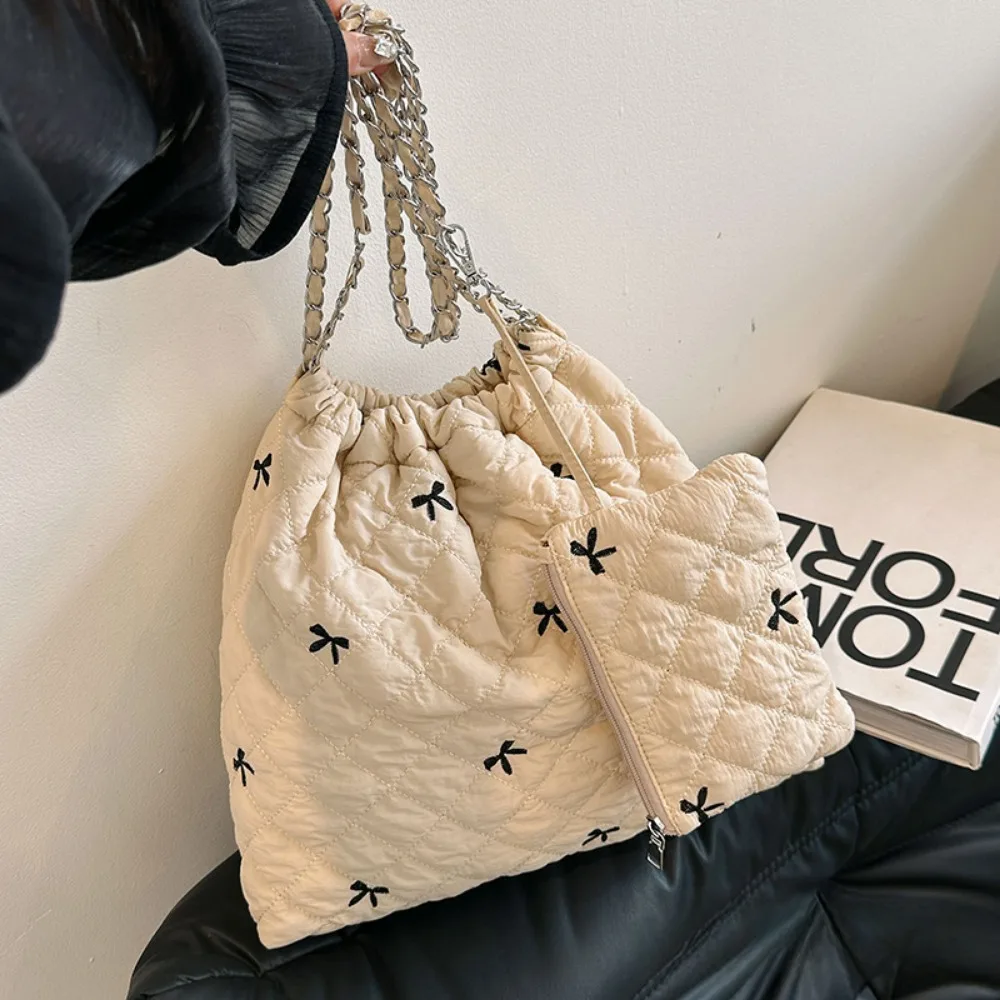 

Lattice Tote Bags For Women Large Capacity Embroidery Line Shoulder Crossbody Bag Nylon Purse Handbags Ladies Travel Shopper Bag