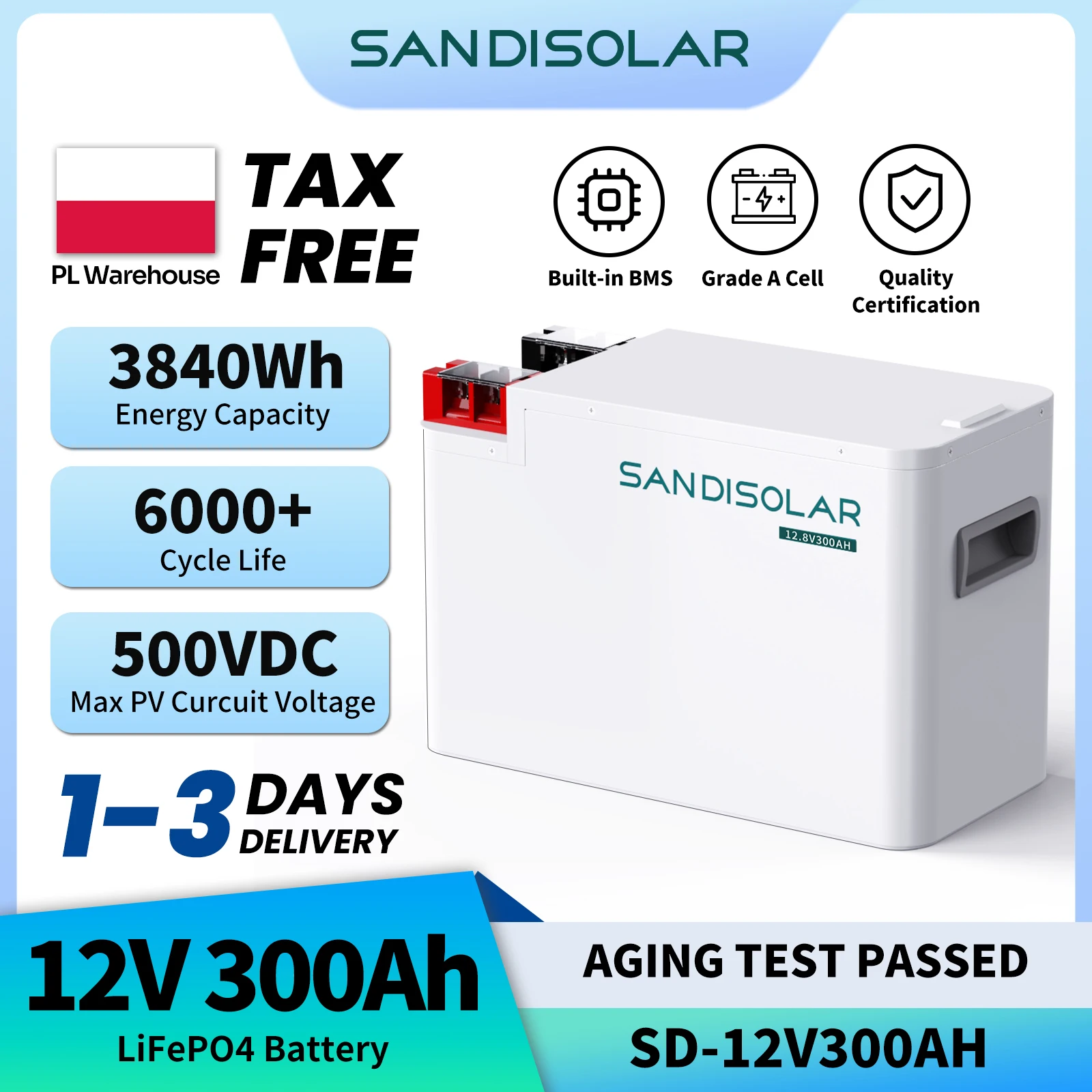 Sandisolar 12V 300Ah LiFePO4-Batterie mit Smart BMS EU-Lagerbestand 3kWh Solarbatterie für Solarsysteme Steuerfrei