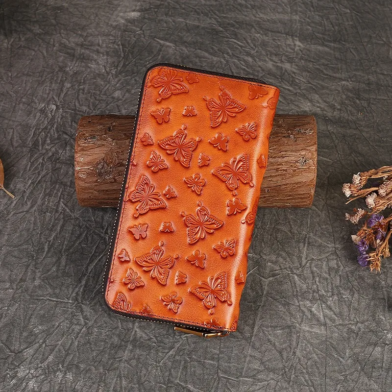 Retro Genuine Leather Wallet Butterfly Embossing Women Long Zipper Money Clip Portable Clutch Bag Large Card Holder Phone Pouch