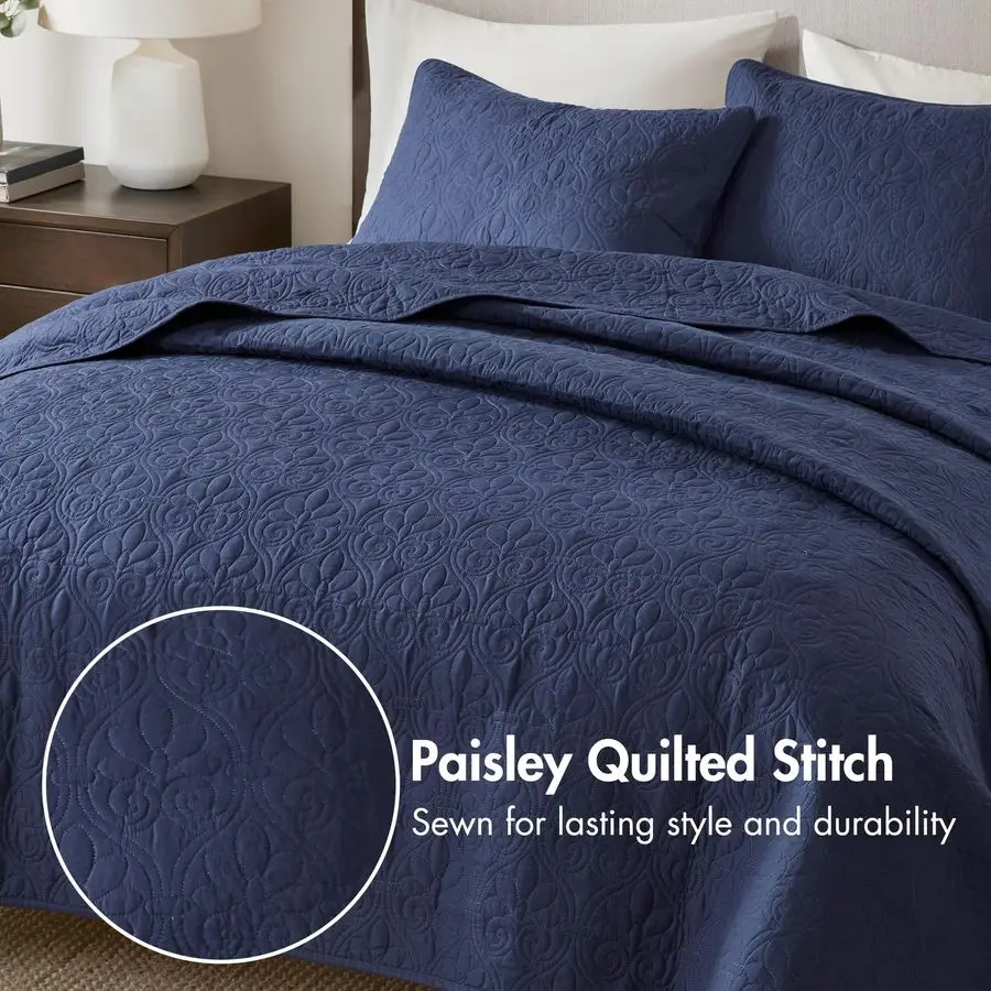 

Quebec Dusty Pale Navy 3Piece Quilted Coverlet SetFor King or Cal King Bed Ideal For Warm Climate Room Decor or Addon For Extra