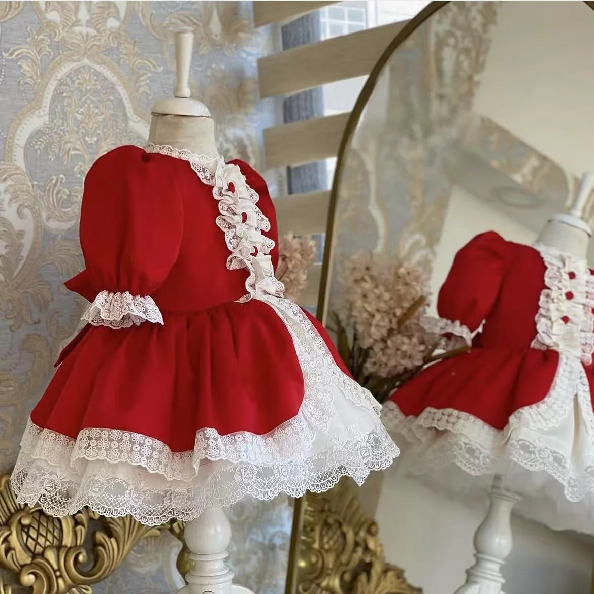 0-12Y Baby Girl Autumn Red Vintage Ball Gown Princess Dress for Casual Party Birthday Eid Photography Christmas  C154