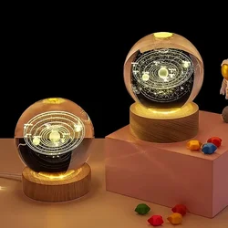 3D Crystal Ball LED Warm Night Light Wooden Base Laser Engraved Solar System Globe Galaxy Birthday Gift Home Desktop Decoration