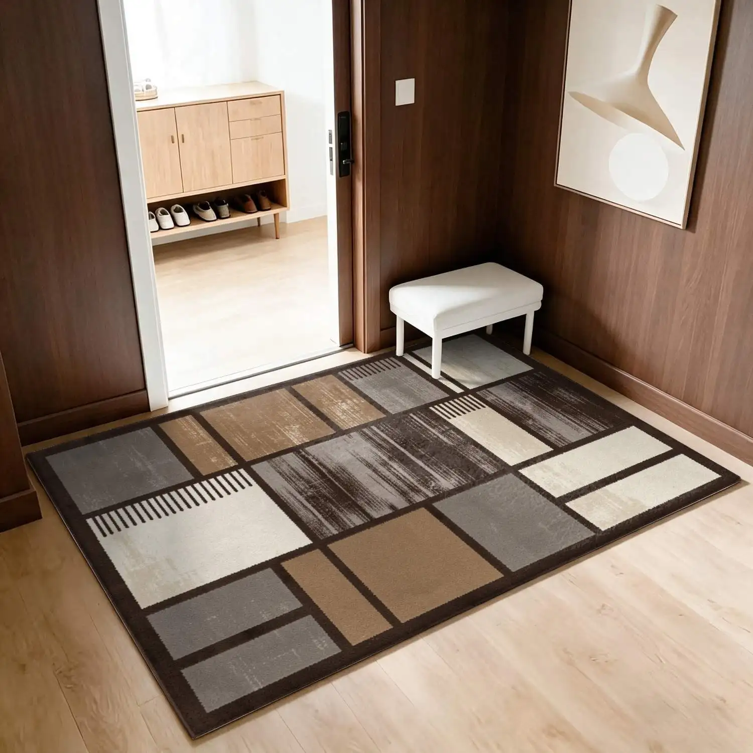 1Pc 2D Printed Retro Brown-Grey Geometric Striped Carpet, Nordic/Modern Minimalist/European Style, Home Decor, Multi-Size, Machine Washable, for Living Room, Bedroom, Dining Room, Entrance, Study