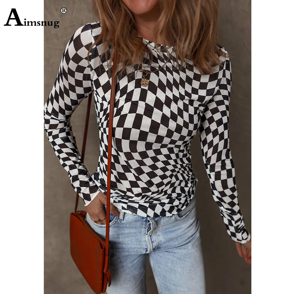 Women Casual Skinny Tees Shirts Model Plaid Print T-shirt Female Long Sleeves Basic Top Round Neck Tunic Shirt Femmes Clothing
