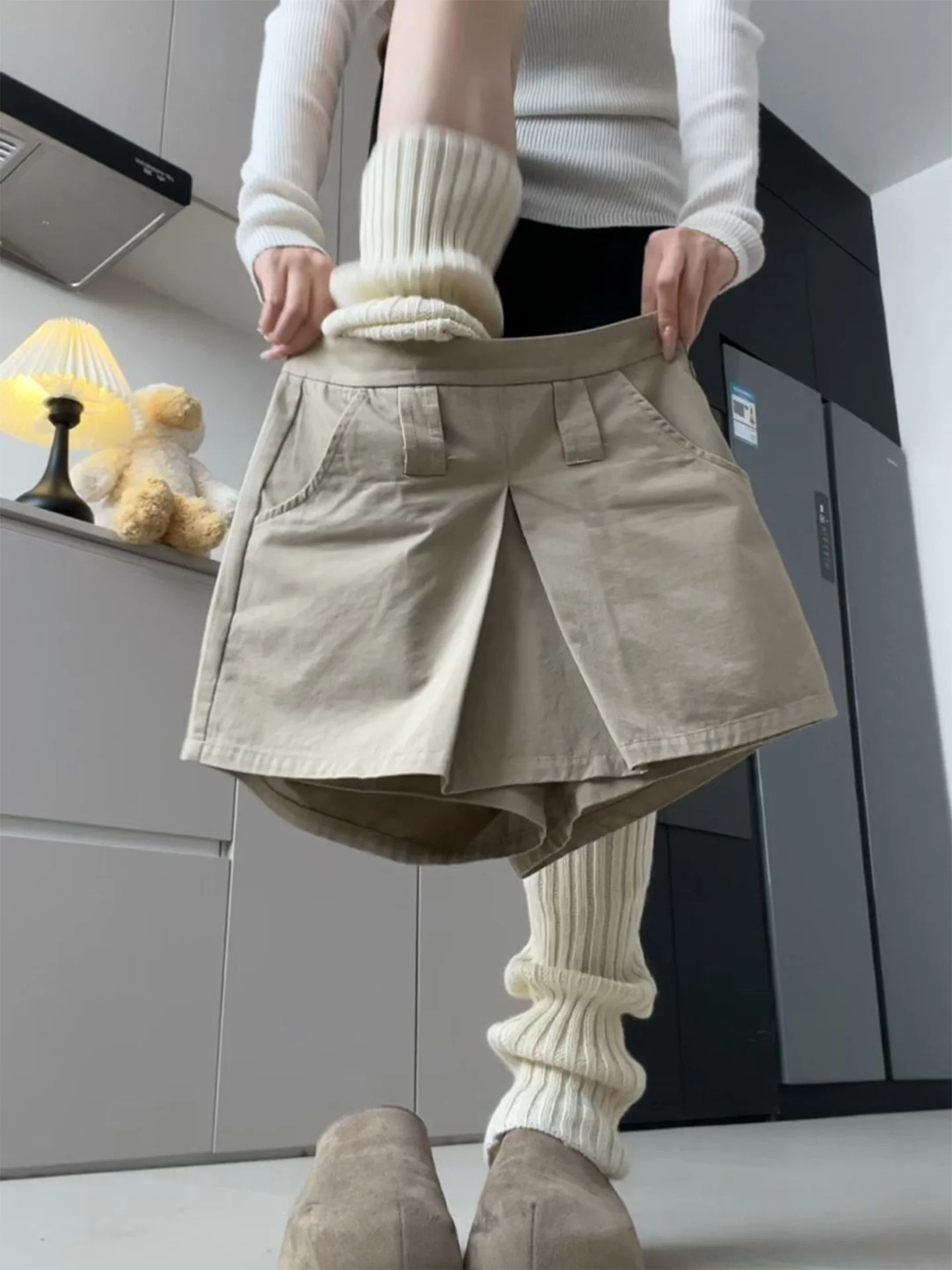 High Waist plus Size Khaki Workwear  Skirt Women's Summer Slimming Versatile Anti-Light Short Skirt Trendy Elastic Waist
