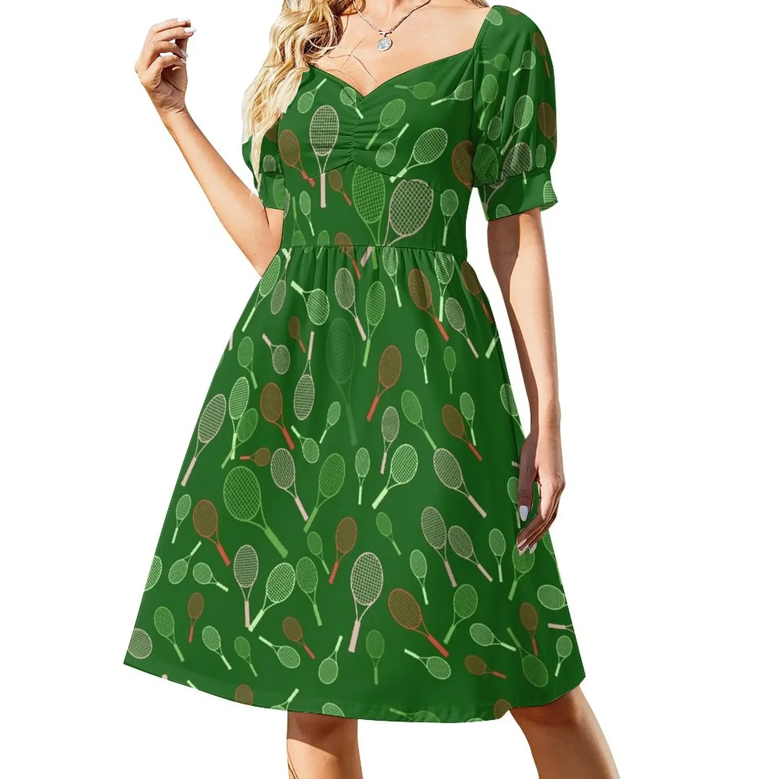 

Tennis Rackets Print on a Green Background Short-Sleeved Dress fairy dress dresses for womens prom dresses