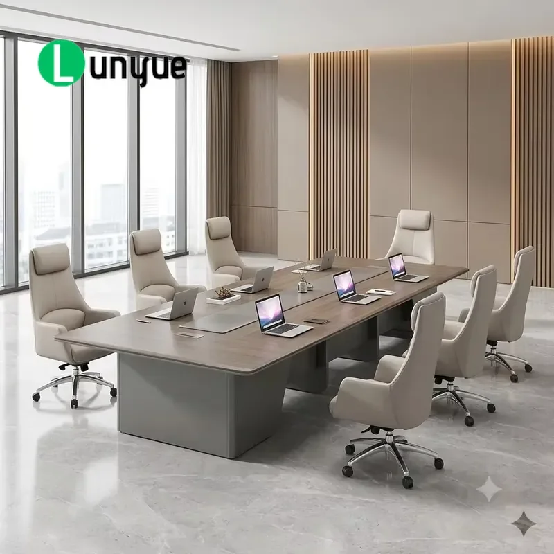 Luxury Modern Round Conference Table Long Meeting Desk Gray Metal Base Wood Boardroom Office Commercial Furniture Large Size