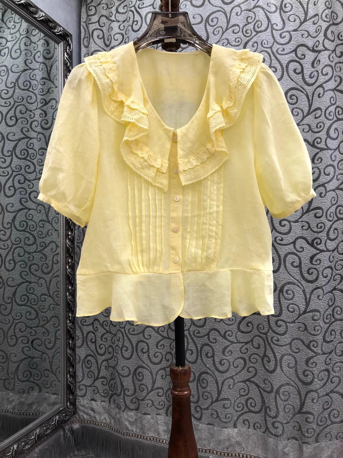 

100%Ramie Blouse Shirts 2025 Summer Lady Peter Pan Collar Lace Patchwork Short Sleeve Casual Yellow White Sexy Crop Tops Shirt