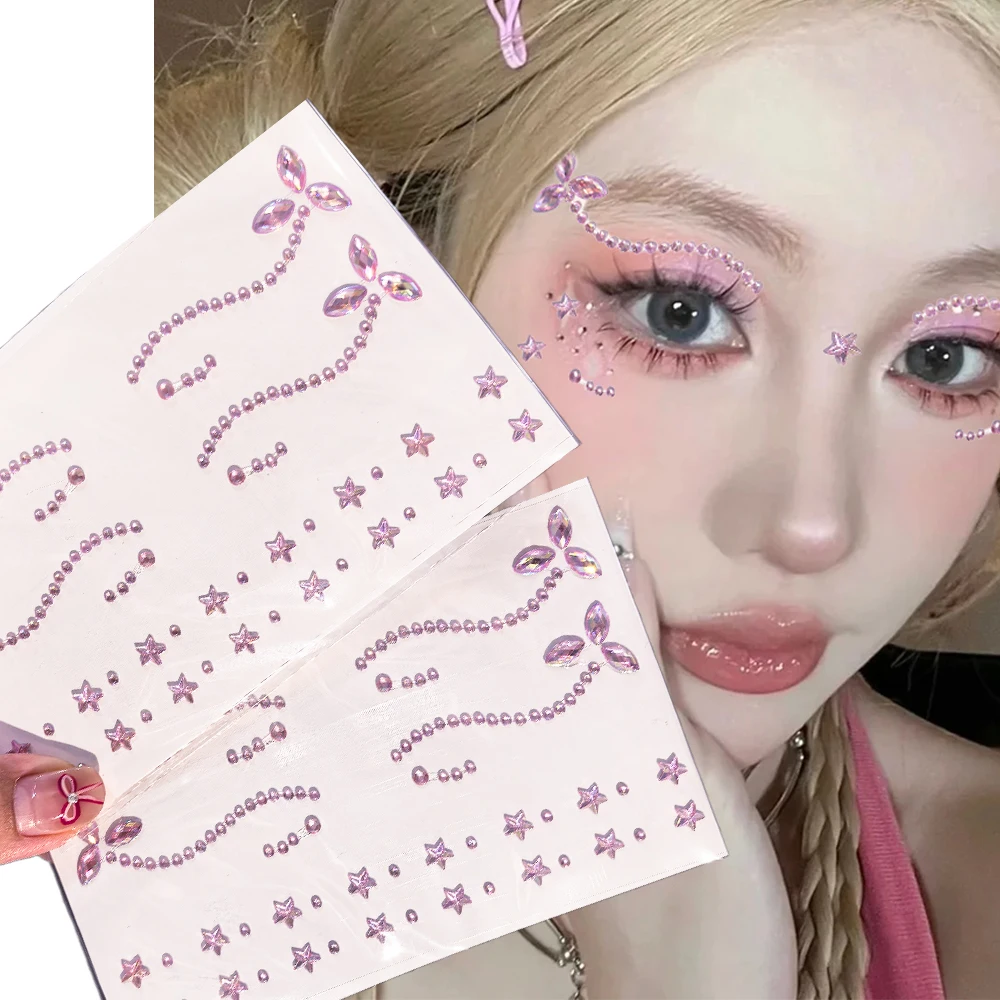 1pcs 3D Pink Stars Face Stickers Eyes Crystal Rhinestones Self-adhesive Gems for Festive Party Makeup Dress Up Diamond Stickers