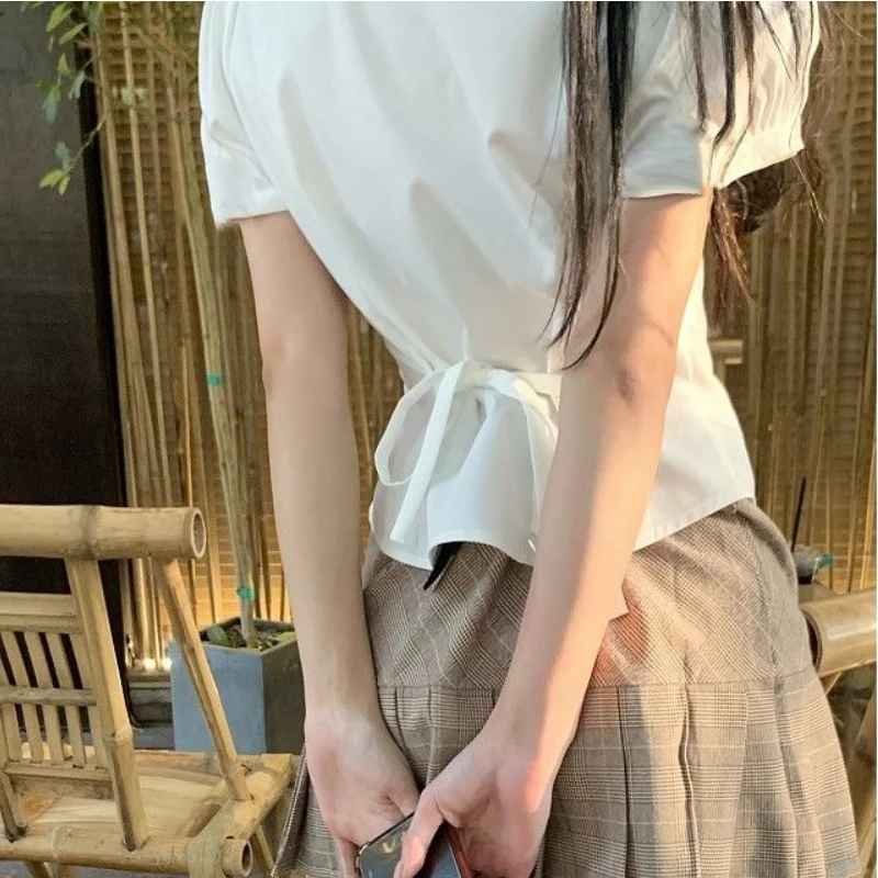 White Summer Shirts Women Puff Sleeve Minimalist Pure Slim Hotsweet Temper Рубашки Vintage Korean Fashion Clothing Bandage Ins