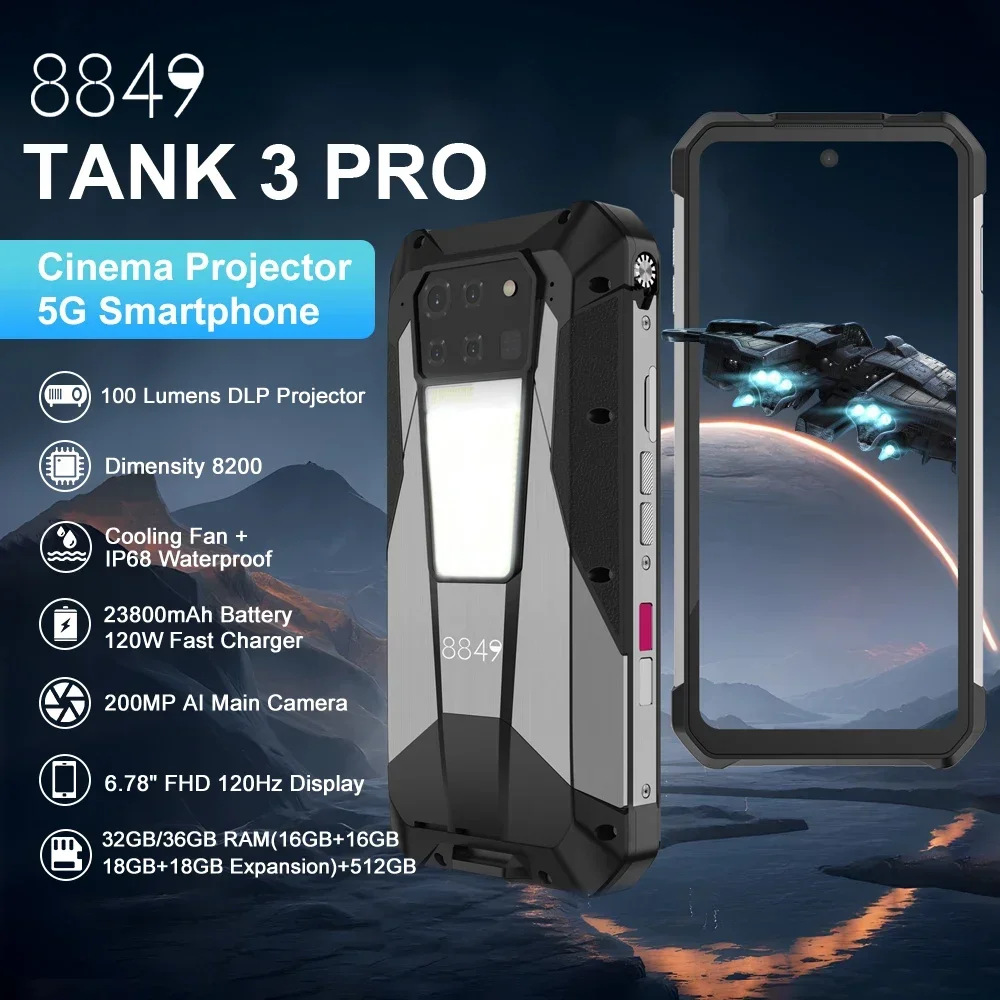 18G+512GB TANK 3 PRO 8849 5G Rugged Smartphone 100 Lumens Projector Dimensity 8200 Unihertz Phone 64MP Night Vision 200MP Camera