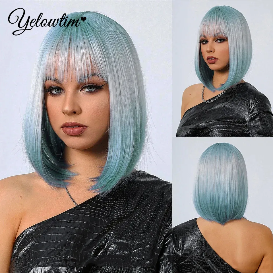 

Synthetic Black White Cosplay Wigs Short Bob Pink Wig with Bangs for Women Natural Straight Lolita Party Hair Wig Heat Resistan