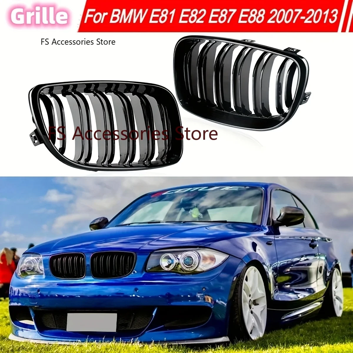Für BMW E81 E87 E82 E88 128i 130i 135i 2008-2013 1 Paar Auto Frontstoßstange Nierengrill Glänzend Schwarz Doppellinie Renngrill