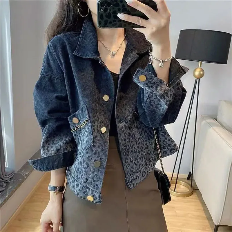 

Ladies New Spring And Autumn Vintage Leopard Print Denim Jacket Spring And Autumn Fashion Short Jacket Jacket New Denim Jacket