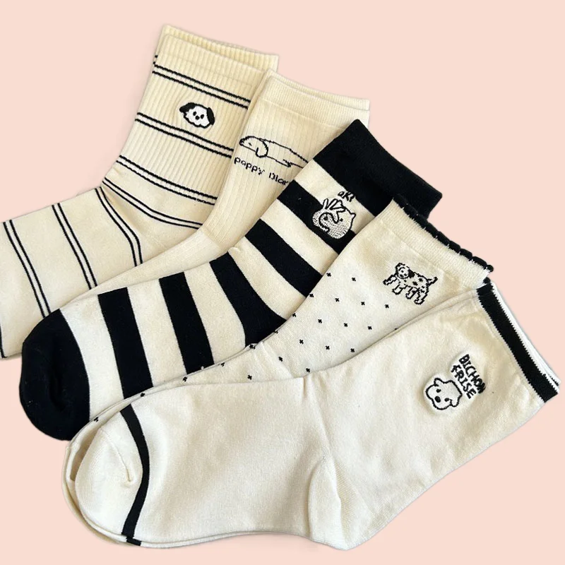 5/10 Pairs Women's Cartoon Dog Spring Summer Pure Cotton Striped Mid length Socks for Women's Cute and Sweet Academy Style Socks