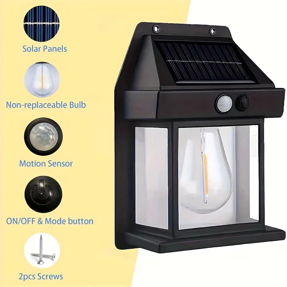 

New Outdoor Solar Tungsten Wall Lamp LED Tungsten Lamp with Motion Sensor Solar Garden Decorative Light Garden Villa Night Light