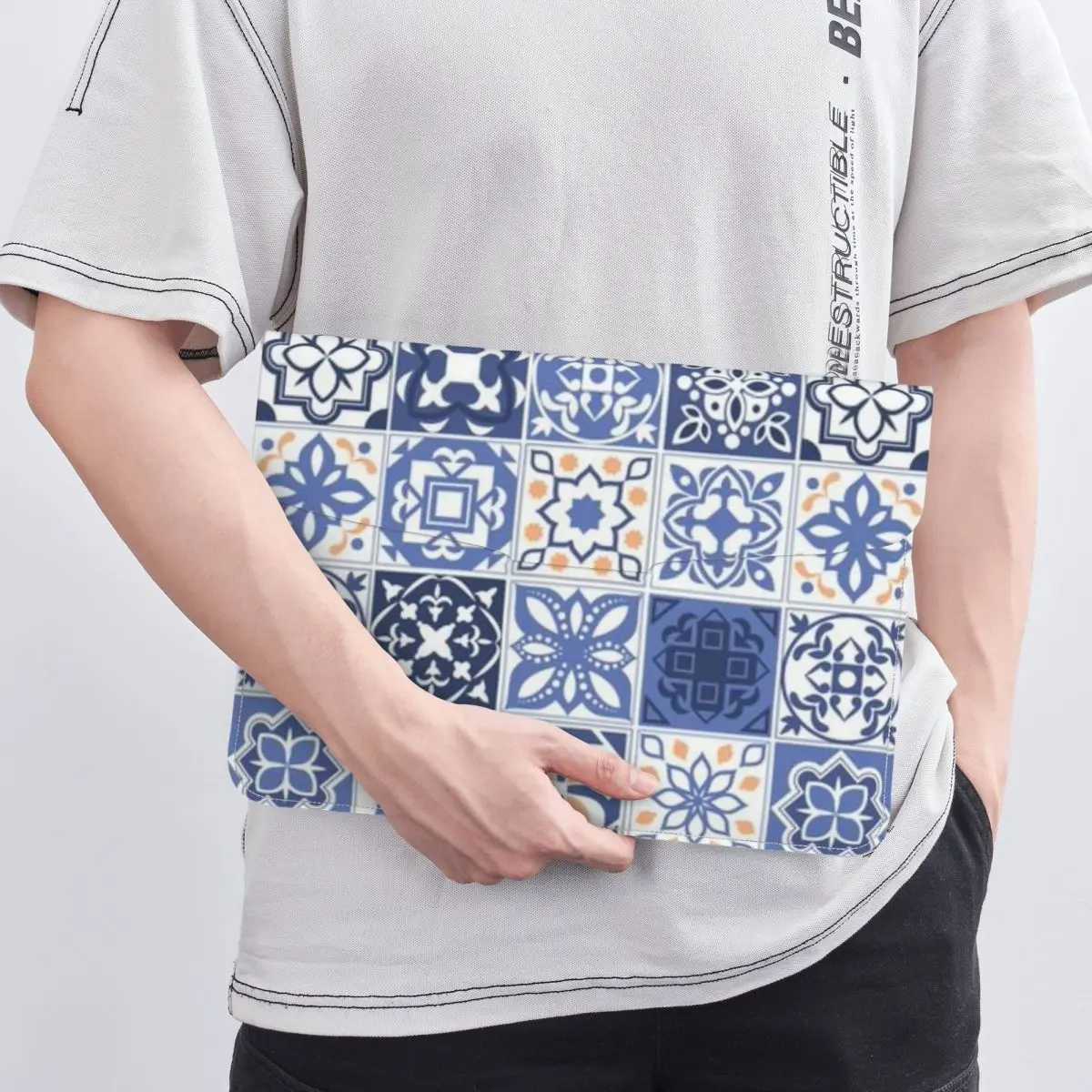 Blue Portuguese Tile Portugal Azulejo Flower PU Leather Horizontal Laptop Sleeve Shockproof Soft Lining Notebook Case 13 Inch