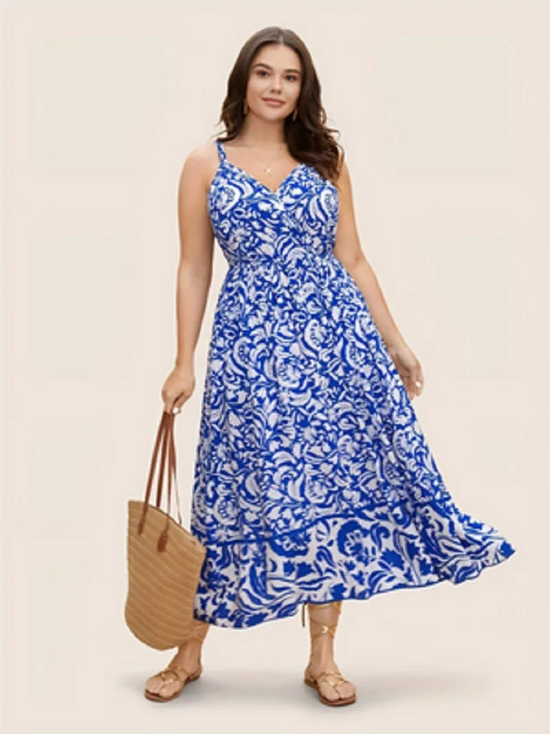 1. Women's Plus Size V Neck Spaghetti Strap Floral Print Maxi Dress, Casual Flowy Summer Beach Long Dress