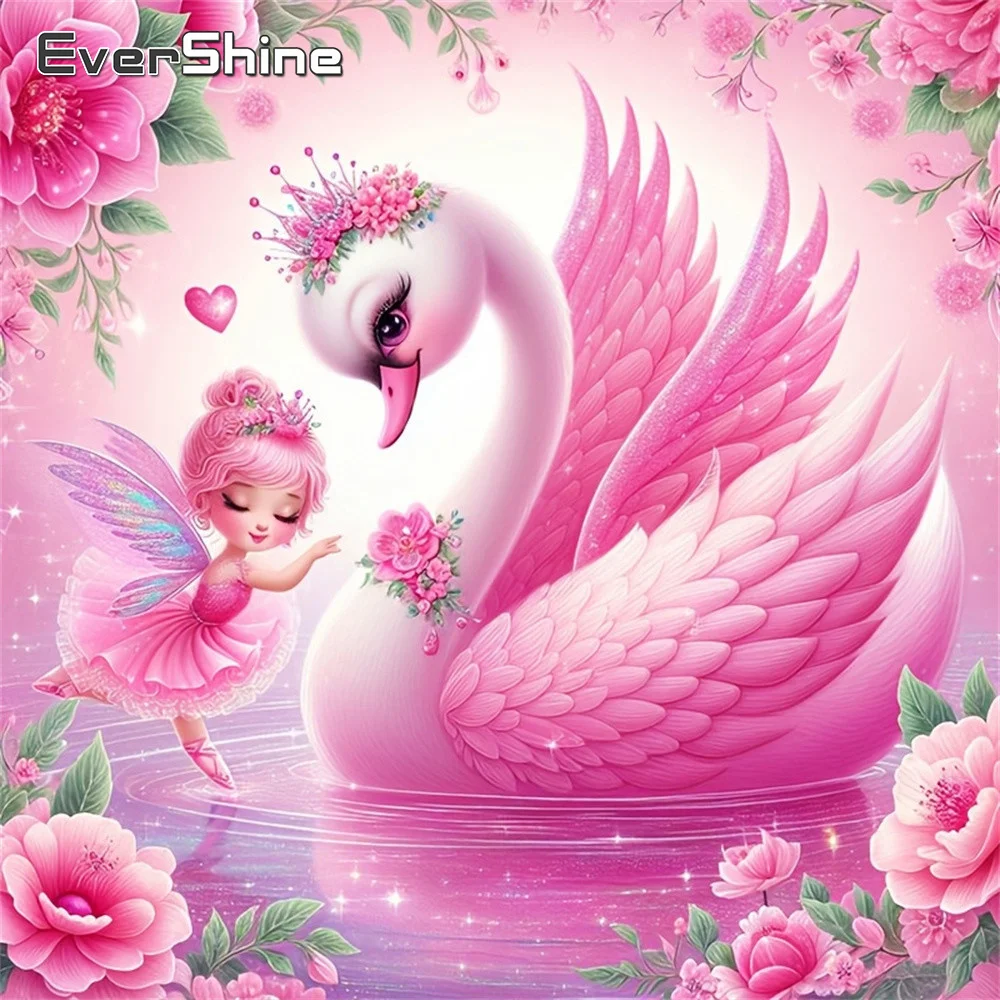Evershine 5D-Diamant-Stickerei, Tier-Schwan-Bild mit Strass-Malerei, Mädchen, voller quadratischer Mosaiksteine, Blumen, Kindergeschenk