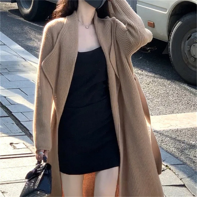 

Autumn and Winter New Long Knee Tie Up Knitted Cardigan Women's Loose and Lazy Style Sweater Coat E2488