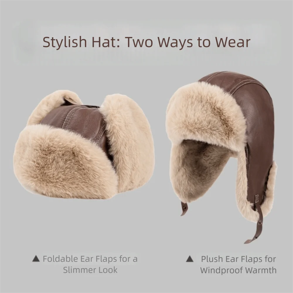 

Simple Pu Leather Winter Pilot Hat Beanie Caps Windproof Cycling Lei Feng Hat Neck Protector Anti Fog Warm Ski Hat Biking