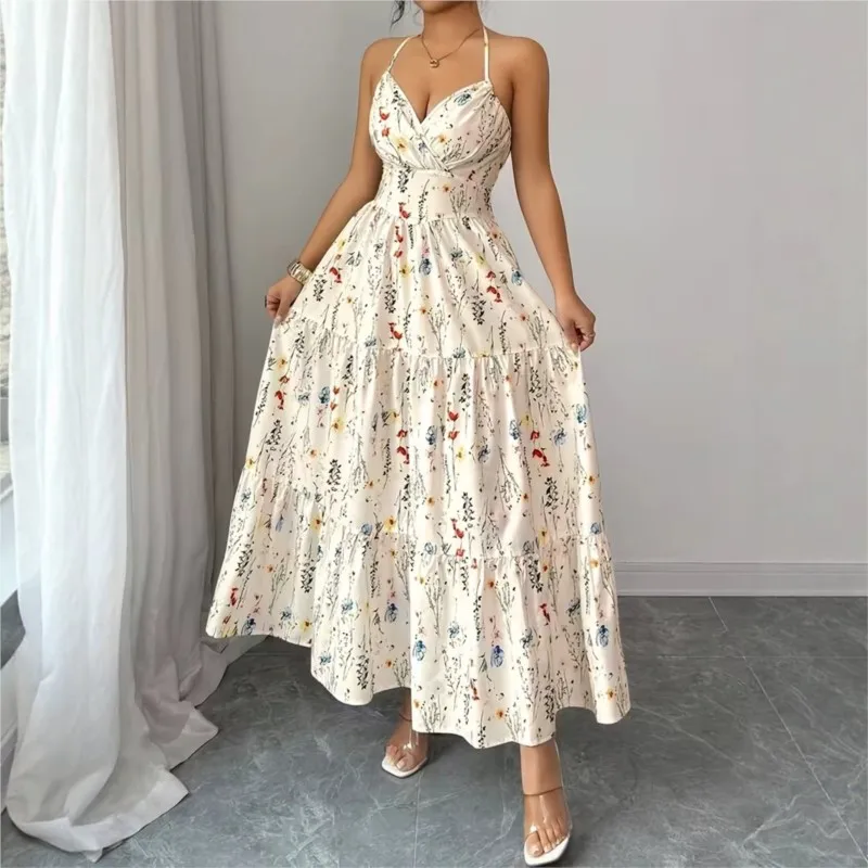 

Summer Sexy Suspender Dress Women New Fashionable Elegant Casual Loose Resort Style Sleeveless Mid-Waist V-Neck Long Dresses