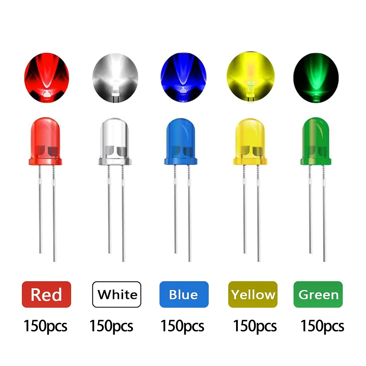 750Pcs/box 3mm LED Diode Yellow Red Blue Green White 5 Color Assortment Round Light Emitting Diodes DIY Kit