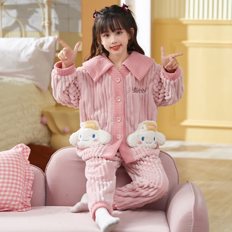 

Kawaii Sanrio Kuromi Cinnamoroll My Melody осенне-зимняя Пижама коралловый Бархатный комплект для девочек аниме детская фланелевая теплая домашняя одежда