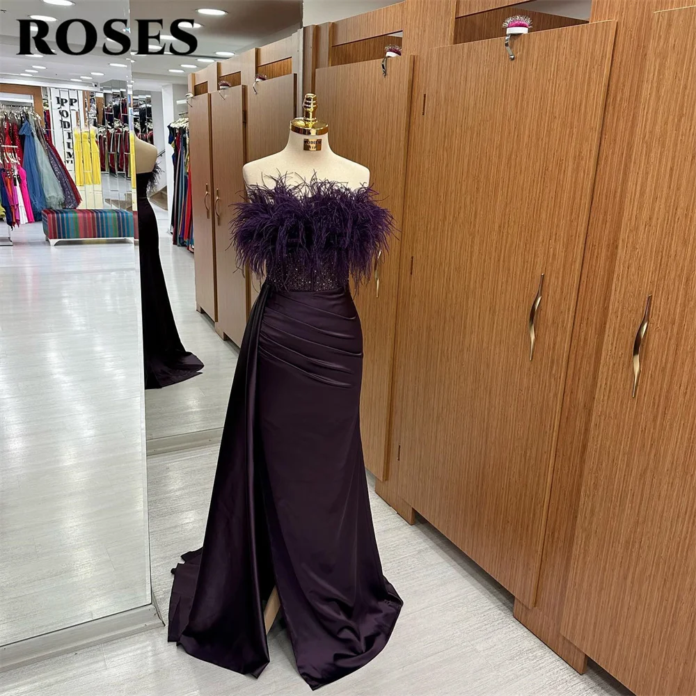 ROSES-vestido sem alças com penas, vestido de formatura, sem alças, pregas, vestido de cetim, Split Side, Sereia, roxo escuro