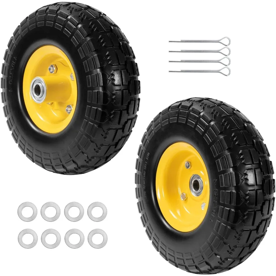 

10 Solid Rubber Tires and Yellow Wheels 4.10 3.504 10 x 3.5 Flat Free Tire with 5 8 Bearings for HeavyDuty Replacement in Garde