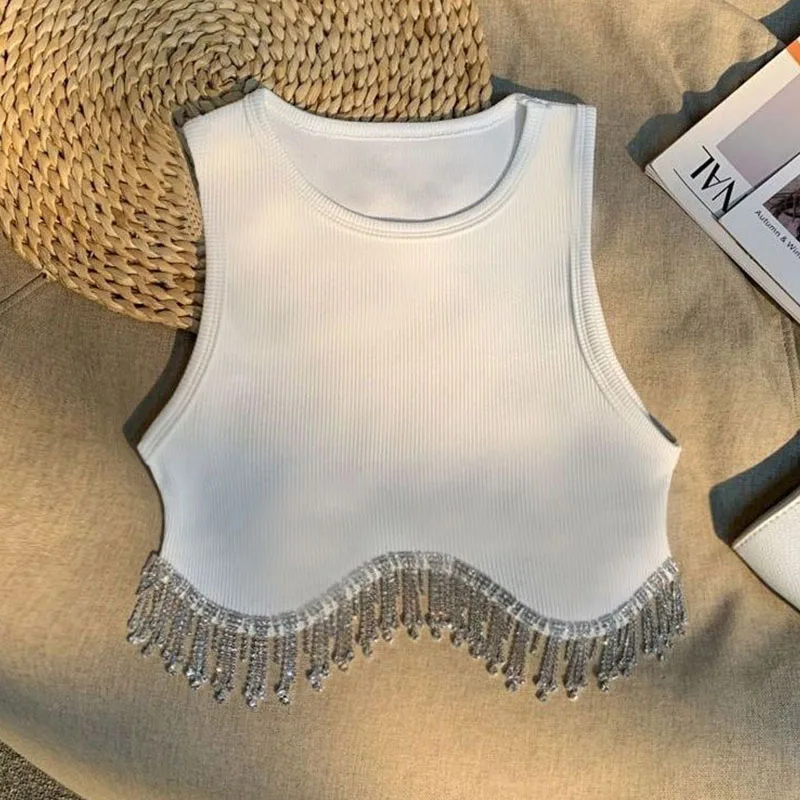 High Street Sexy Hem Tassel Diamond Beading Knitting T Shirt Chic Short Camis Tank Lady Slim Crop Vest Tops