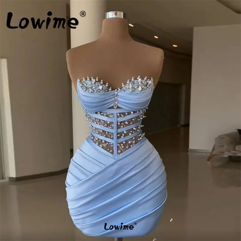 Modern Cocktail Dresses Sky Blue Sweetheart Beaded Crystal Party Gowns Women Sheath Satin Pleat Evening Dress 2022 Custom Made