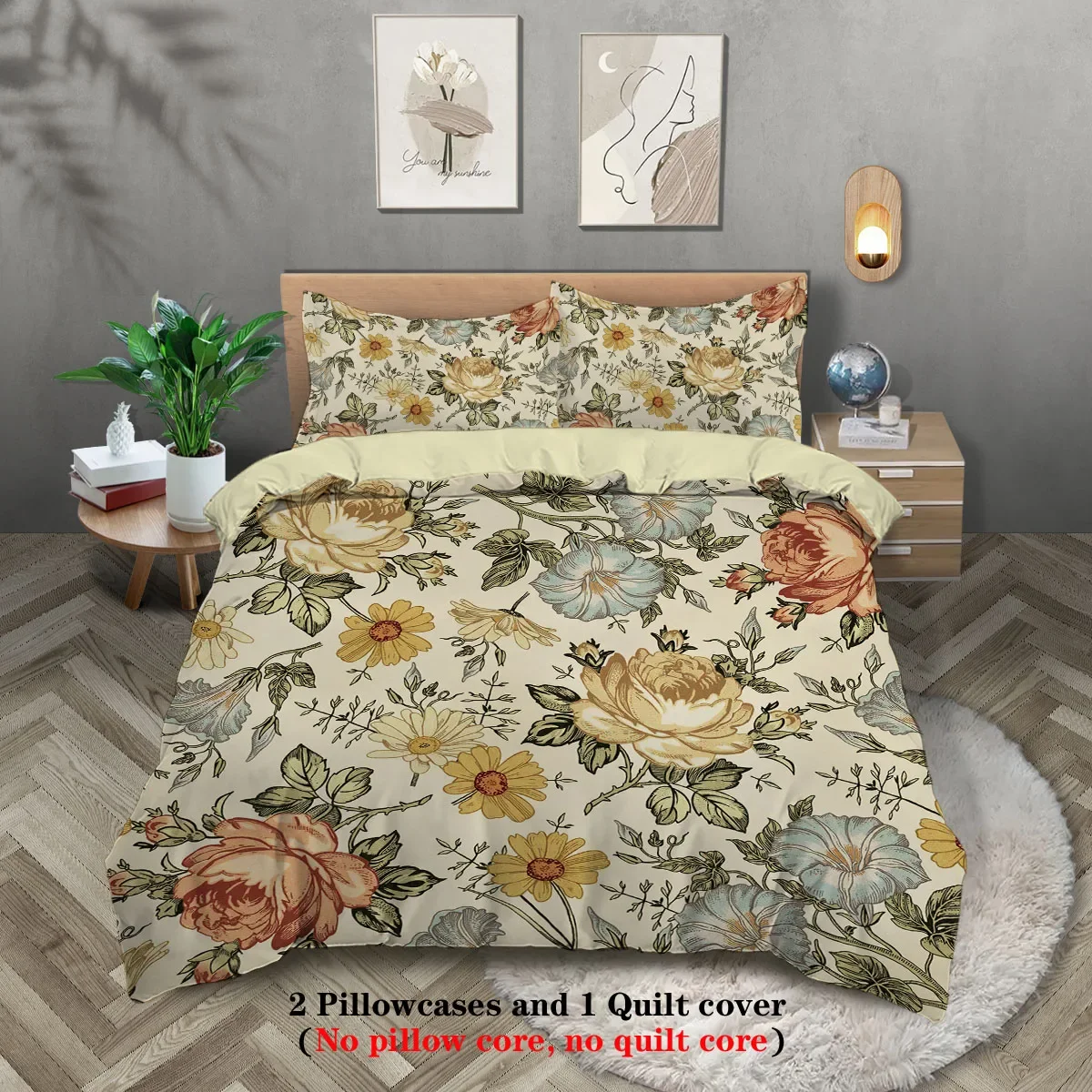 3pcs retro floral pattern printed bedding set, suitable for women bedroom, queen, king, twin bed, 1*duvet cover+2*pillowcase