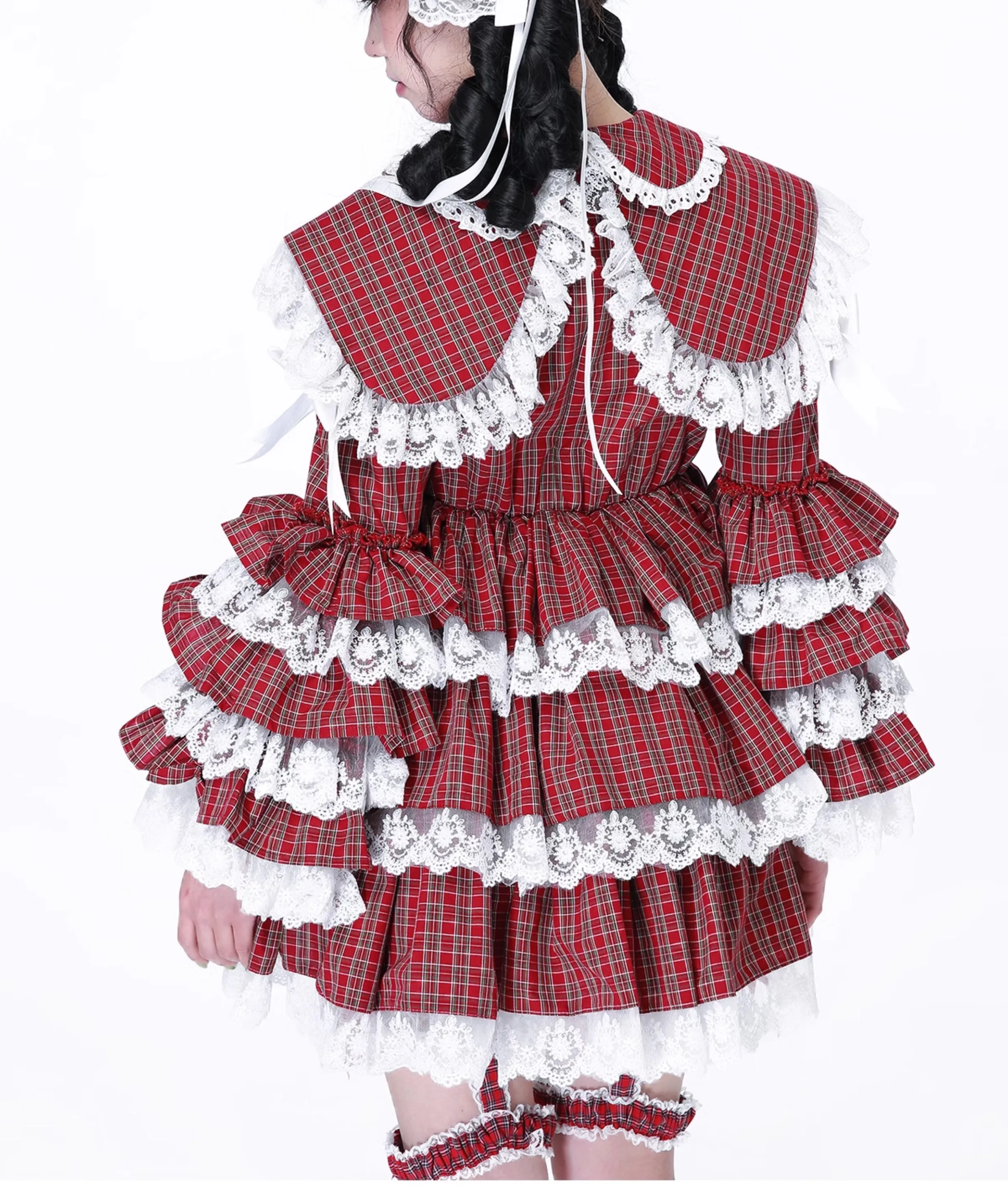 الأصلي اليابانية فتاة لينة لوليتا الأحمر منقوشة فستان المرأة لطيف القوس الدانتيل حافة انفصال الأكمام كعكة فستان الشاي فستان الحفلات Op