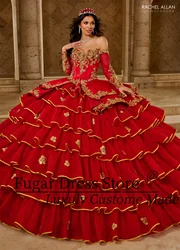 Luxury Red Gold Satin Princess Ball Gown Quinceañera Dresses Golden decals exquisite 3D flowers Birthday Party For 15th Girls