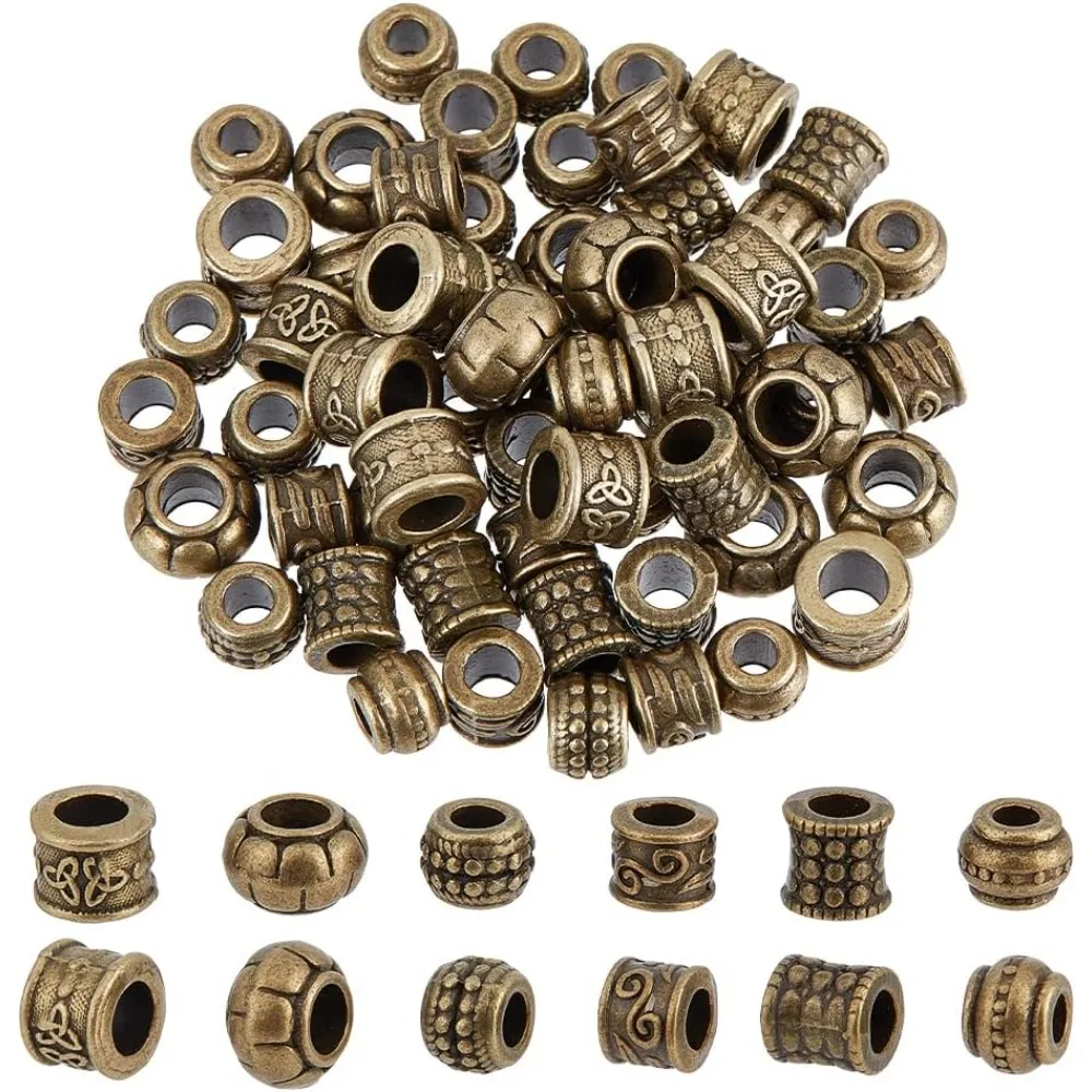 60 Pcs 6 Styles Alloy Spacer Beads Style Column Beads Large Hole Beads Vintage Loose Spacer Beads Antique Bronze Bead