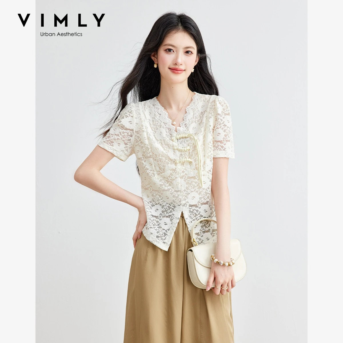 Camisa con flecos y hebilla de disco para mujer VIMLY, novedad de verano 2026, top de manga corta con cuello en V y encaje, ropa de estilo chino 31355