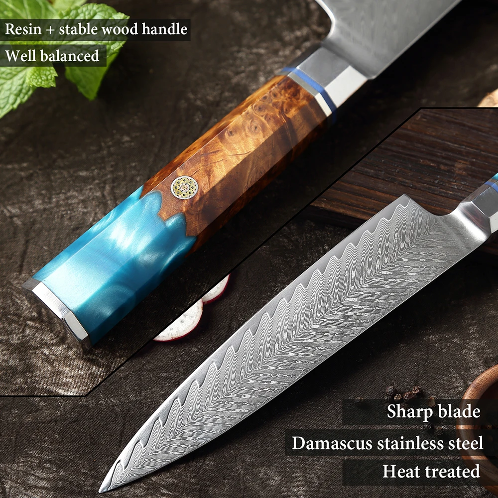 Couteau de chef en acier Damas 8 ", ustensile de cuisine japonais en acier inoxydable à haute teneur en carbone, Couteau de cuisine ultra tranchant, Couteau de cuisine opaque