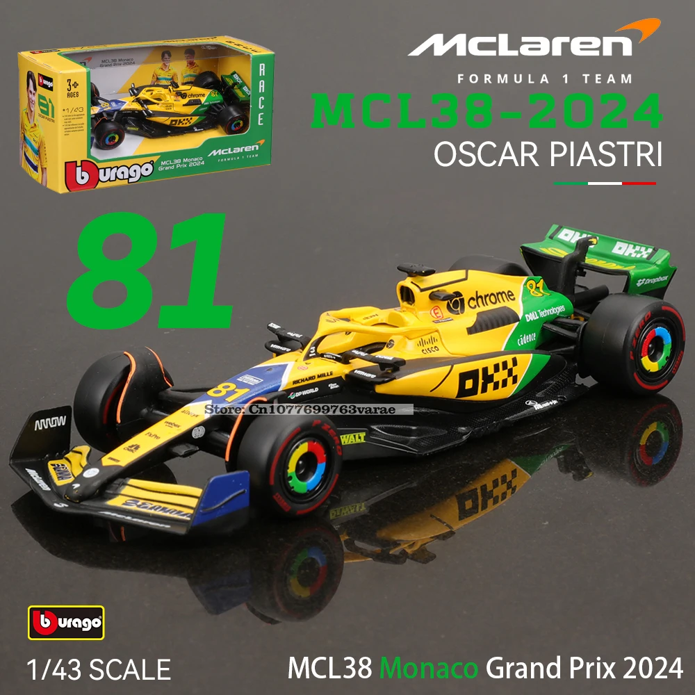 Bburago 1:43 2024 F1 Mclaren Mcl38 Monaco Grand Prix F1 Alloy Miniature Diecast Model #4 #81 Lando Norris ﻿F1 Car Toys Gift